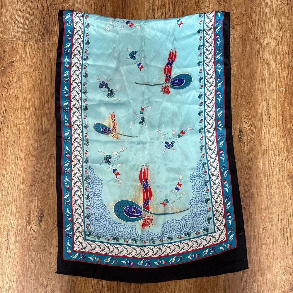 VTG Tilla 100% Silk floral Scarf shawl blue red made in Turkey 58x20 boho luxury